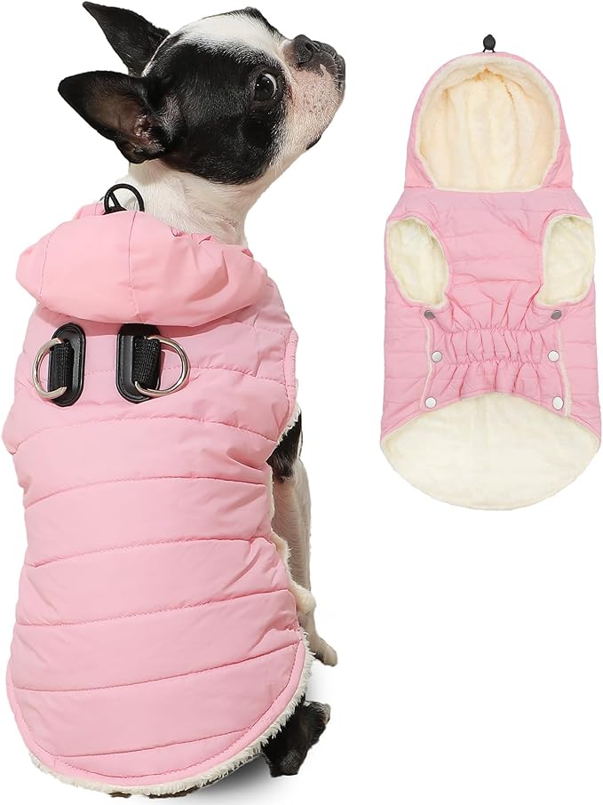 Fleece Lining Dog Hoodie with Harness Built in,Extra Warm Medium Dog Jacket in Winter Doggie Coats with Drawstring Hooded,Light Pink L