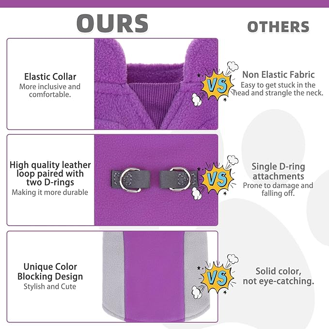 KOOLTAIL Small Dog Sweater - Dog Fleece Vest Jacket with Leash D-Ring for Small Medium Dogs, Soft Pullover Winter Warm Cold Weather Coats, Pet Fall Clothes Outfit for Puppy Cat Boys&Girls, Purple M