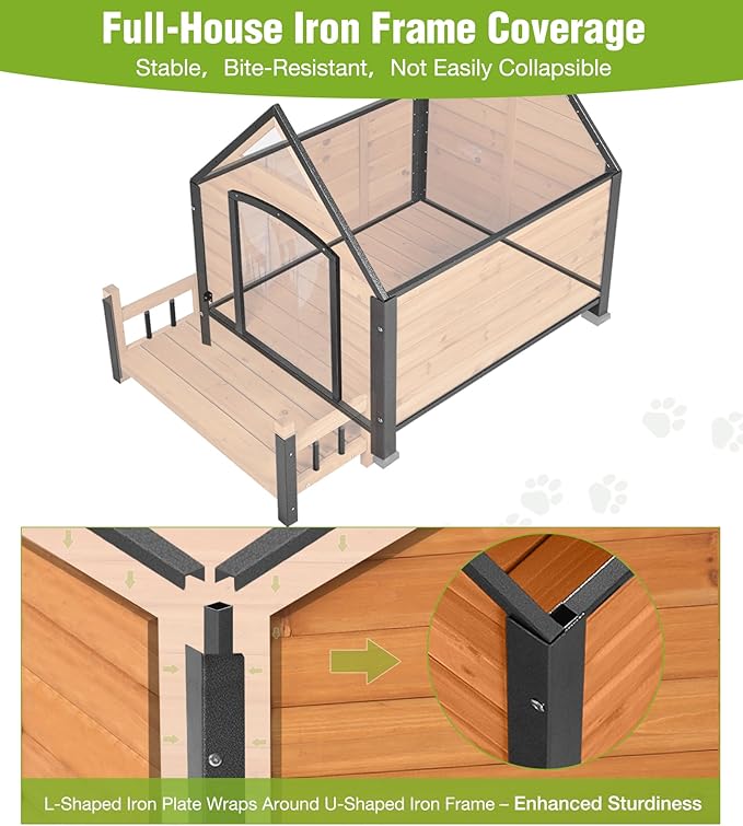 GUTINNEEN Dog House Outdoor Weatherproof with Porch, Puppy Shelter Indoor with Anti-Bite Design, PVC Curtain, Asphalt Roof, Elevated Waterproof Base, for Small to Medium Dogs - Brown