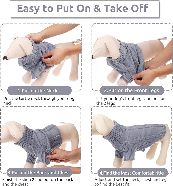Queenmore Small Dog Pullover Sweater, Cold Weather Cable Knitwear, Classic Turtleneck Thick Warm Clothes for Chihuahua, Bulldog, Dachshund, Pug, Yorkie (Grey, Small)