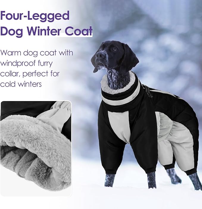 SUNFURA Full Body Dog Coat - Warm Fleece Jacket for Large Dogs, Turtleneck Winter Coats with Harness, Reflective Windproof Dog Snowsuit with Legs for Labrador,Golden Retriever, Black 2XL