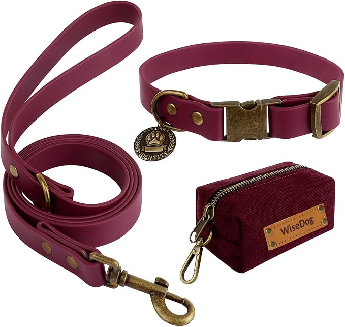 Wisedog Dog Collar and Leash Set, Waterproof Adjustable Puppy Collars with Cute Tag 6FT Dog Leash with Poop Bag for Small Medium Large Dogs (S, Burgundy)