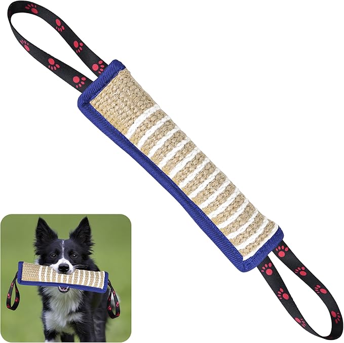 Dog Tug Toy Dog Bite Jute Pillow Pull Toy with 2 Strong Handles Perfect for Tug of War, Puppy Interactive Play, Tear Resistant Bite Training Toys for Small Medium Large Dogs (Blue Footprint)