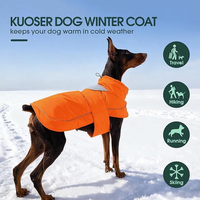 Kuoser Dog Winter Coat, Dog Jackets for Large Dogs, Winter Waterproof Big Doggie Coat, Reflective Dogs Cold Weather Coats, Windproof Turtleneck Pet Puffer Jacket Snowsuit Clothes with Harness Hole