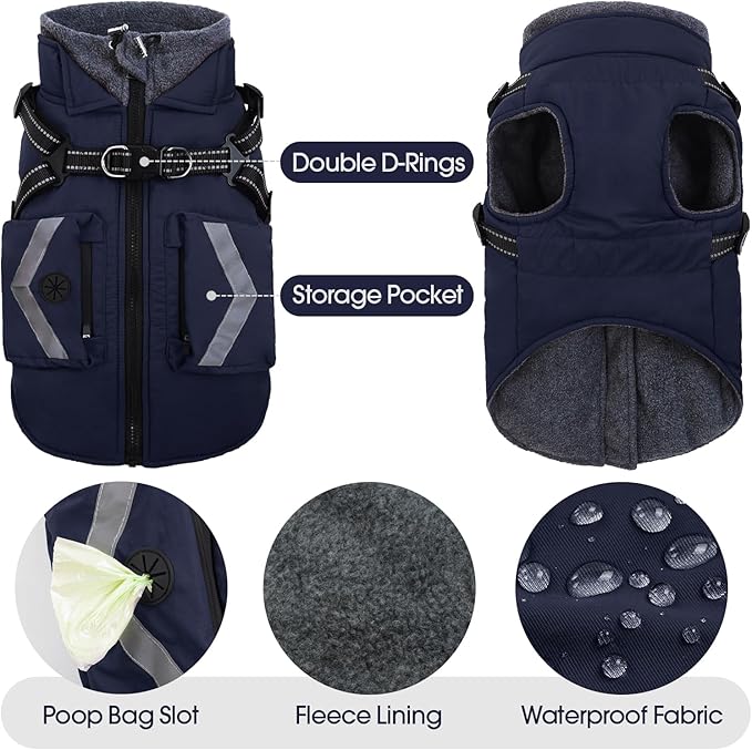 FUAMEY Reflective Dog Winter Coat, Fleece Lined Jacket for Large Dogs Back Zipper, Turtleneck Cozy Doggy Vest Thermal Clothes with Harness, Cold Weather Snow Outfits, Labrador (Dark Blue, 3XL)
