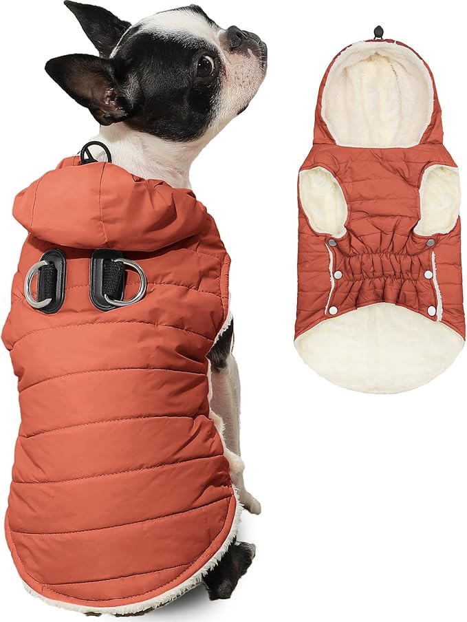 Fleece Lining Dog Hoodie with Harness Built in,Extra Warm Large Dog Jacket in Winter Doggie Coats with Drawstring Hooded,Orange XXXL
