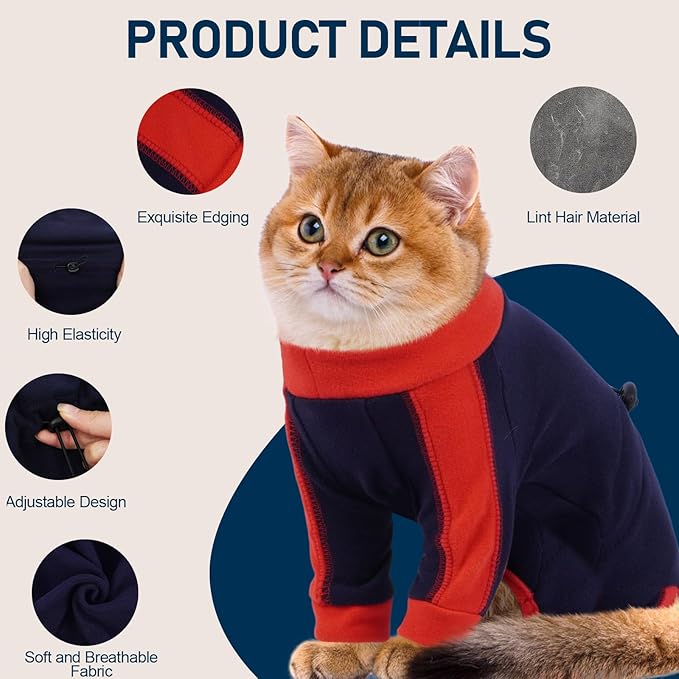 Cat Pajamas for Cats Only, Sticky Hair Cat Clothes, Long Sleeve Sphynx Clothes, Anti-Licking or Skin Disease Recovery Suit for Female Cats, Kitten Onesie Pajamas, DarkBlue, S