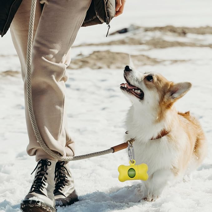 Bone-Shaped Dog Poop Bag Holder for Leash |Dispenser with 30 Leak-Resistant Waste Bags & Carabiner Clip (2 Pack Yellow)