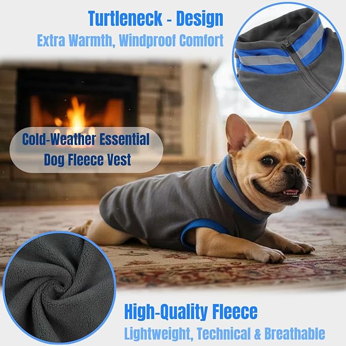 Winter Warm Classic Turtleneck Vest Fleece Dog Clothes, Lightweight Coat for Extra Large Dogs with Back-Zipper, Thermal Doggie Vests Coats with Reflective Strips for Mastiff, Saint Bernard (Grey, 3XL)
