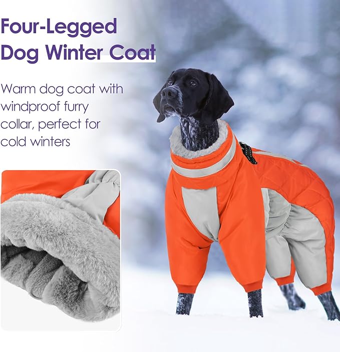 SUNFURA Full Body Dog Coat - Warm Fleece Jacket for Extra Large Dogs, Turtleneck Winter Coats with Harness, Reflective Dog Snowsuit Windproof Puffer Jackets with Legs for Great Dane, Orange 3XL