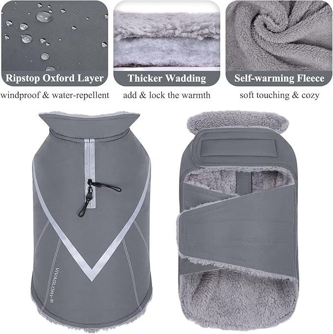 VIVAGLORY Snowrap Dog Coat, Jacket with Harness Hole & Velcro Closure, Dog Coat for Winter & Cold Weather, Fluffy Warm Fleece Lined Reflective Water Resistant for Puppy, XS, Grey