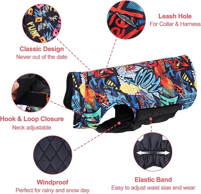 CuteBone Winter Dog Coat Waterproof Windproof Dog Jacket Reversible Dog Vest Thick Adjustable Dog Cold Weather Coats for Small Medium Large Dogs Soft Winter Coat with Leash Hole GMF32XXL