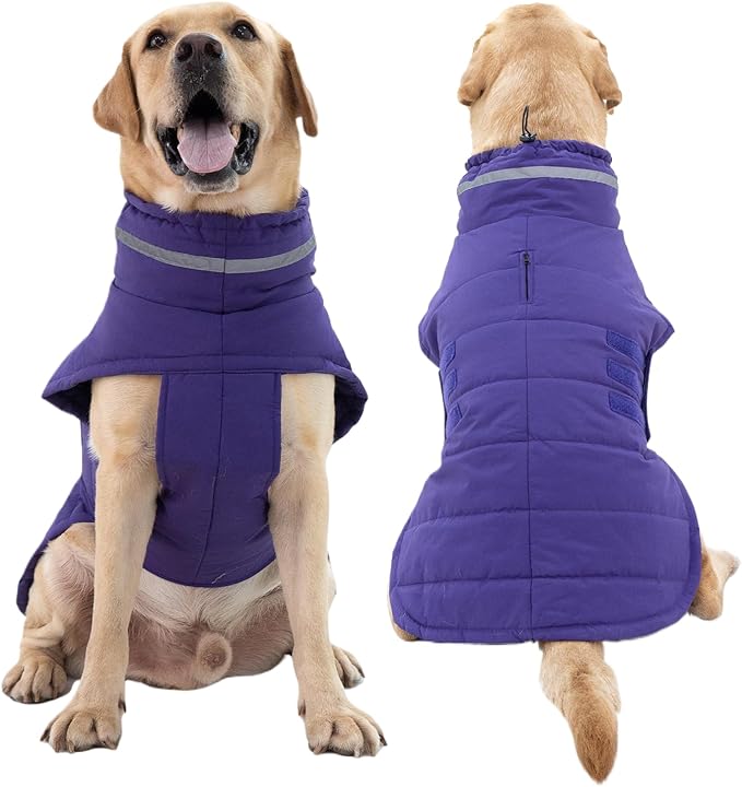 Dog Coat, Waterproof Winter Jacket, Warm Windproof Vest, Reflective Adjustable Turtleneck Coats for Medium and Large Dogs with Hook & Loop - Purple - L