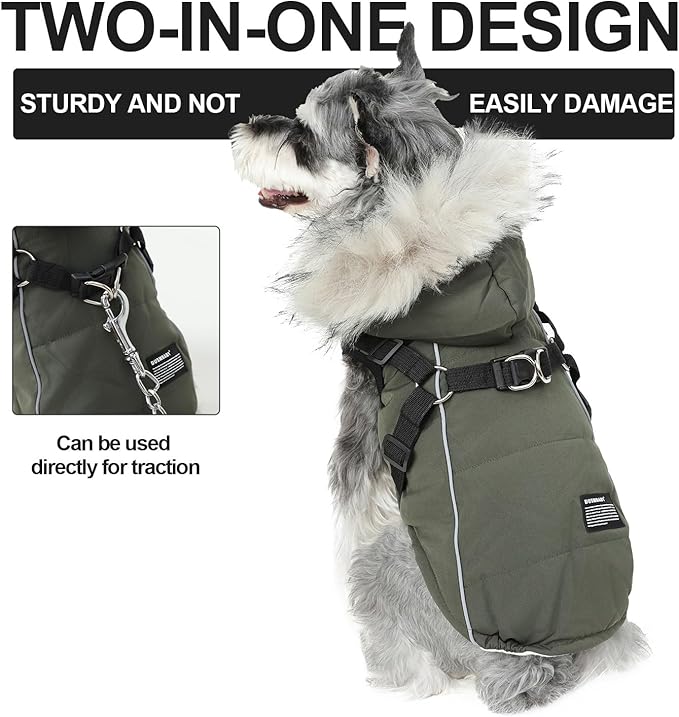 PINA Dog Winter Coat Winter Jacket with Waterproof Fabric, Faux Fur Hood, Reflective Strap for Small Medium Large Dogs, Green, 3XL