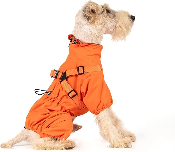 Mile High Life Waterproof Dog Raincoat, Full Coverage Small Dog Rain Coat with Harness, Adjustable 4 Legs Puppy Rain Jacket with Reflective Strip and Elastic Cuffs (Orange, XXS Back Length 9.8")
