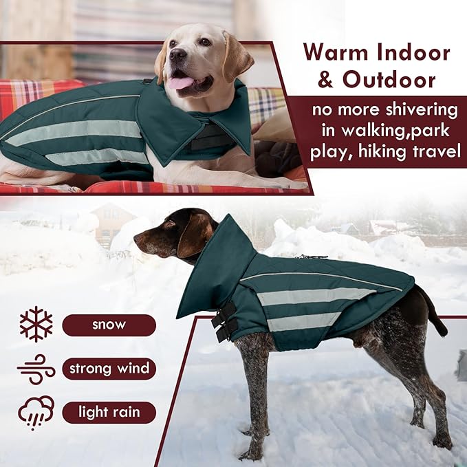 Dog Winter Coat Waterproof Dog Jacket with Harness Hole Reflective Windproof Fleece Snowsuit Turtleneck Hook & Loop Cold Weather Coats for Large Dogs Great Dane Doberman, Green 4XL