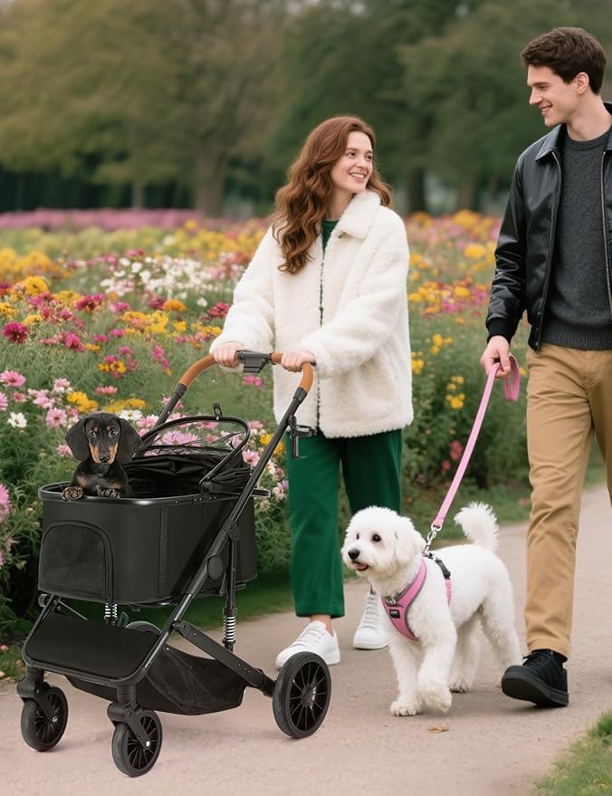 Dog Stroller for Small Medium Dogs Up to 60lbs, 4 Wheels Folding Pet Stroller with Detachable Carrier, Pet Travel Carrier for 2 Dogs & Cats, Storage Basket, Breathable Mesh, Cup Holder, Black