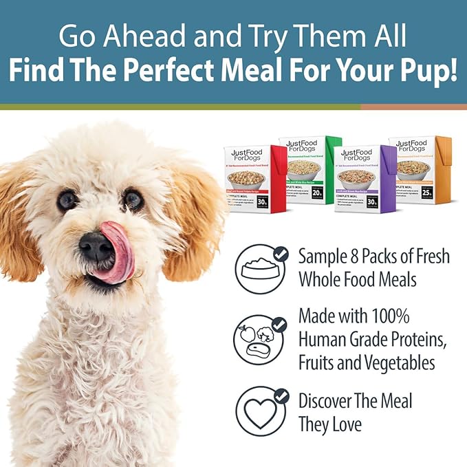 JustFoodForDogs Pantry Fresh Dog Food Variety Pack, Complete Meal or Topper, Beef, Chicken, Turkey, & Lamb Human Grade Recipe - 12.5 oz (Pack of 8)