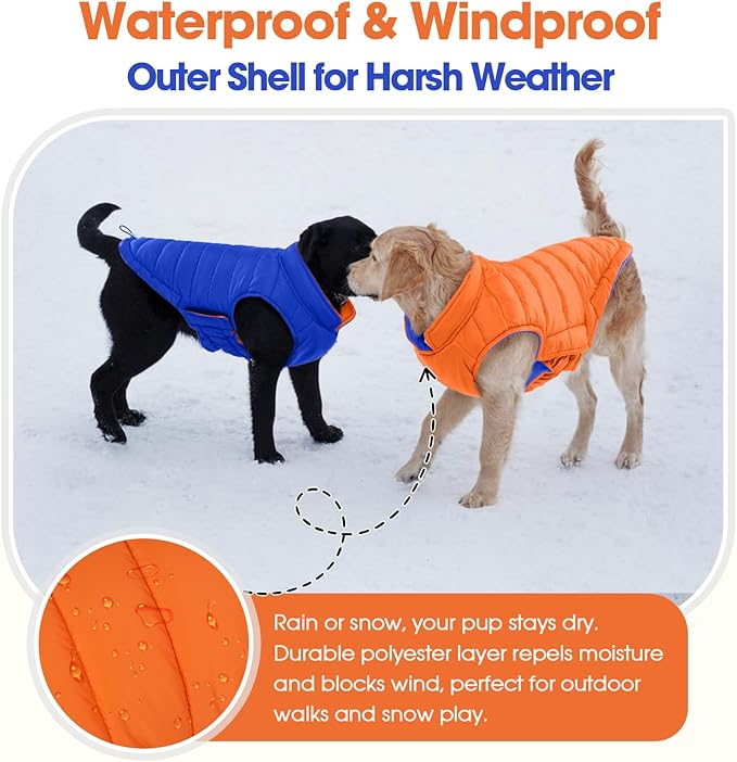 QBLEEV Reversible Dog Coat for Large Dogs, Waterproof Windproof Winter Jacket Keeps Big Breeds Warm & Dry, Adjustable Hook & Loop Puffer Vest, Orange, 3XL – Fits Labrador, Weimaraner, Great Dane