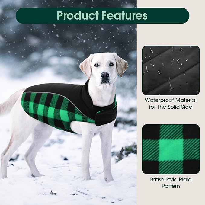 Kuoser Dog Winter Coat, Reversible Waterproof Dog Jacket with Leash Hole, Warm Dogs Fleece Vest Adjustable Doggy Cold Weather Clothes Plaid Christmas Outfit Pet Apparel for Extra Large Dogs, Green 3XL
