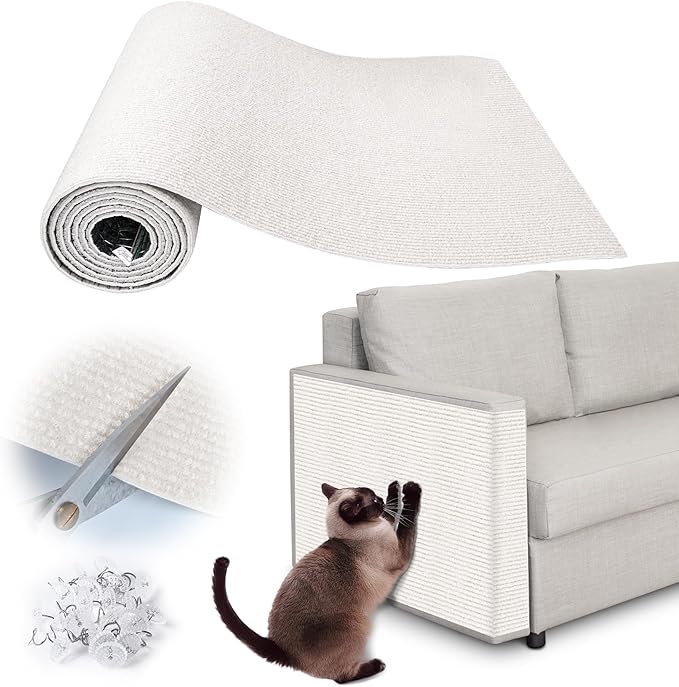 Cat Scratch Furniture Protector - 118" x 17" Trimmable Self-Adhesive Cats Claws Scratch Pads, DIY Cat Climbing Couch Protector for Scratch Post Cat Tree Replacement Indoor (Cream White)