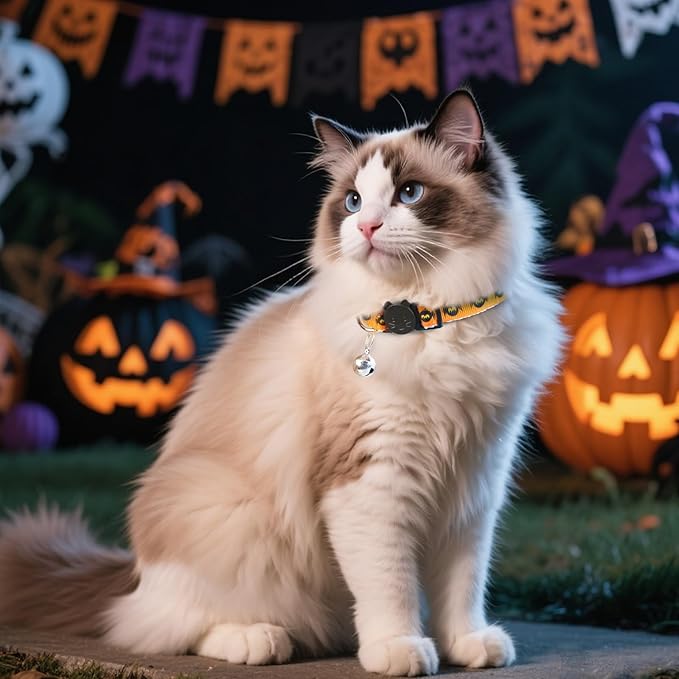 Halloween Cat Collar with Bell, Adjustable Comfortable Kitten Halloween Collar Breakaway, Spider Patterns Safety Holiday Cat Collars for Boys Girls,Kitten,Puppy Orange (7.5"-12.5")