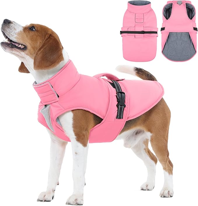 IECOii Dog Cold Weather Coats - Reflective, Adjustable & Windproof Snow Jacket for French Bulldog & Corgi, Waterproof Warm Vest with Fleece Lining for Outdoor Adventures, Pink, Size L