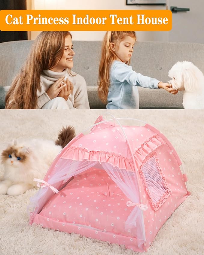 Cat Princess Bed Tent House - Kitty Cute Beds Indoor,Small Dog House Indoor/Outdoor Cave Nest Bed Small Dog Tent for Cat,Puppy Tents (19.6"x19.6"x17.7"/Pink)