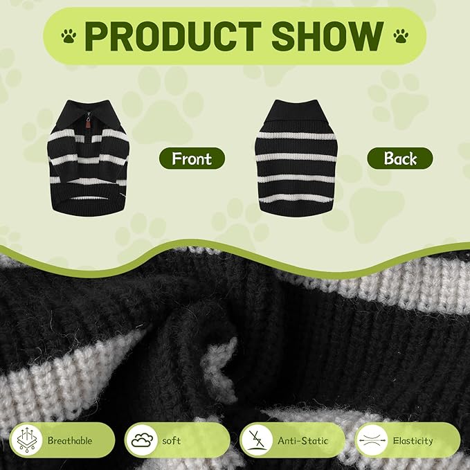 Small Dog Sweater with Zipper, Knitted Striped Pullover Dog Clothes for Cold Weather, Thick Warm Cozy Stretchy Sweater for Chihuahua, Bulldog, Dachshund, Pug(Black & White Strip, S)