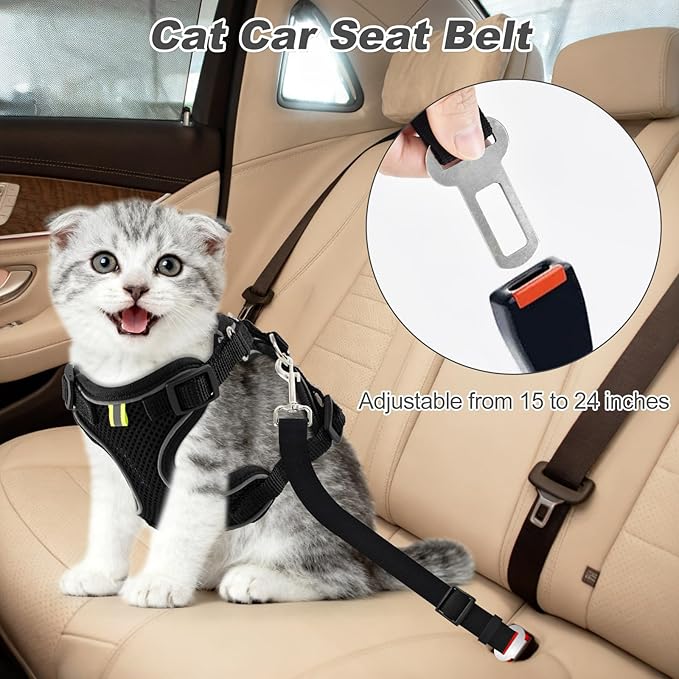 Kitten Cat Harness and Leash Set, Escape Proof Soft 4-Adjustable Cat Walking Vest Harness, Reflective Strips in Harness for Kitty Puppy Bunny Car Travel, with Car Seatbelt Leash (Black, XXS)