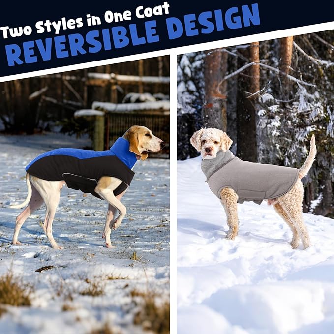 Warm Dog Coat,Waterproof Jacket in Winter Adjustable and Reversible Doggy Fleece Outfit,Thick Clothes with Foldable Collar for Puppy in Cold Days,3XL RoyalBlue
