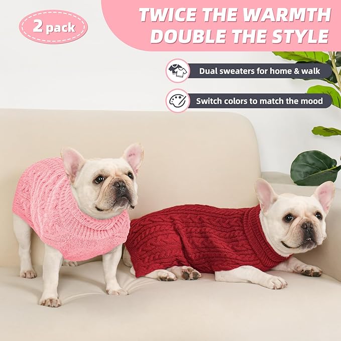 2 Pack Dog Sweaters for Medium Dogs Turtleneck Pullover Cable Knit Stretch Clothes French Bulldog Dachshund Boston Terrier Corgi Beagle Pug Boy Girl Pets Winter Clothes (L, Pink & Red)