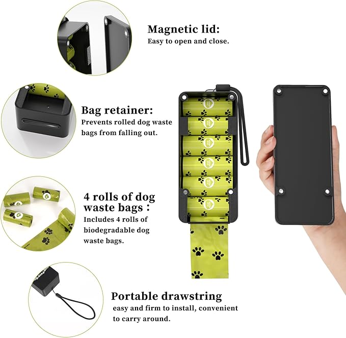 Dog Poop Bag Dispenser, Wall Mounted Dog Poop Bag Holder, Pet Waste Bag Dispenser Indoor ＆ Outdoor, Includes 60 Bags