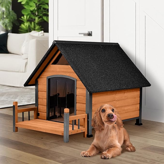 Outdoor Dog House with All-Around Insulated Liner Weatherproof Puppy Shelter Indoor Dog Kennel, Anti-Bite Dog Home for Large Breed with Porch (Brown (Heated Liner), Medium)