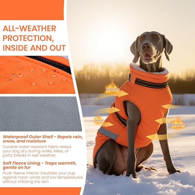 QBLEEV Small Dog Coat, Dog Jackets for Small Dogs, Winter Warm Waterproof Chihuahua Cold Weather Vest with Harness, Windproof Puppy Yorkie Reflective Fleece Dogs Snowsuit for Maltese, Orange, S