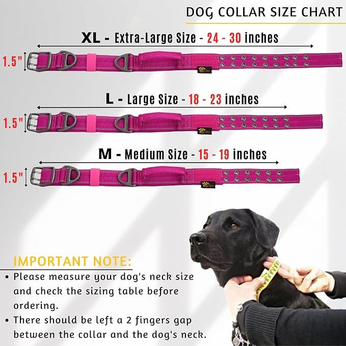 ADITYNA Heavy Duty Dog Collar for Large Dogs - Reflective Magenta Collar with Handle for Training, and Walking - Wide, Thick, Tactical, Soft Neoprene Padded