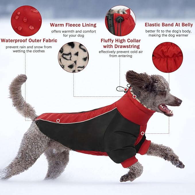 IDOMIK Reversible Dog Winter Coat, Thick Warm Dog Coat with Leopard Fleece Lining&Zipper, Adjustable High Collar Waterproof Jacket, Reflective Pet Cold Weather Coats for Large Dogs,Red,L