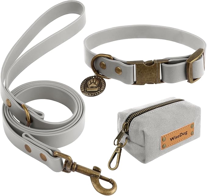Wisedog Dog Collar and Leash Set, Waterproof Adjustable Puppy Collars with Cute Tag 6FT Dog Leash with Poop Bag for Small Medium Large Dogs (XS(Collar:8.5"-12";Leash:4 ft), Grey)