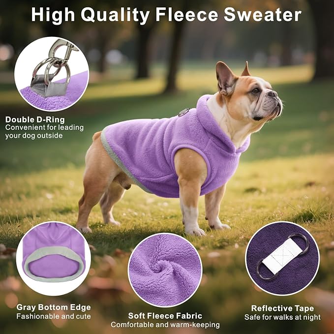 Idepet 2 Pack Dog Fleece Vest Sweater Warm Pullover Jacket with D-Ring Leash Reflective Winter Coat Hoodie for Puppy Cat French Bulldog Pug Chihuahuas Yorkies Dachshunds(Purple&Pink,XX-Large)