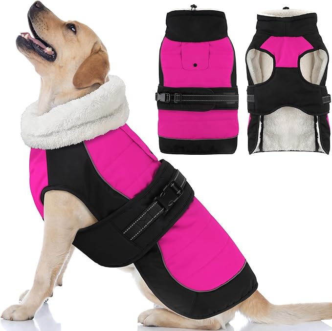 Dogcheer Waterproof Dog Coat, Christmas Dog Winter Jacket, Adjustable Puppy Fleece Coat for Cold Weather, Reflective Turtleneck Snow Jacket for Small Medium Large Dogs - Pink, 3XL