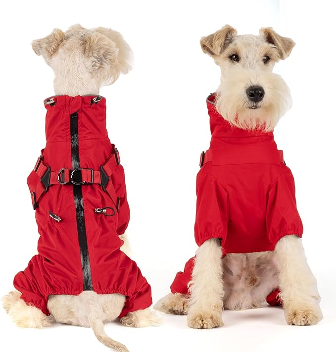 Mile High Life Waterproof Dog Raincoat, Full Coverage Small Dog Rain Coat with Harness, Adjustable 4 Legs Puppy Rain Jacket with Reflective Strip and Elastic Cuffs (Red, S Back Length 13")