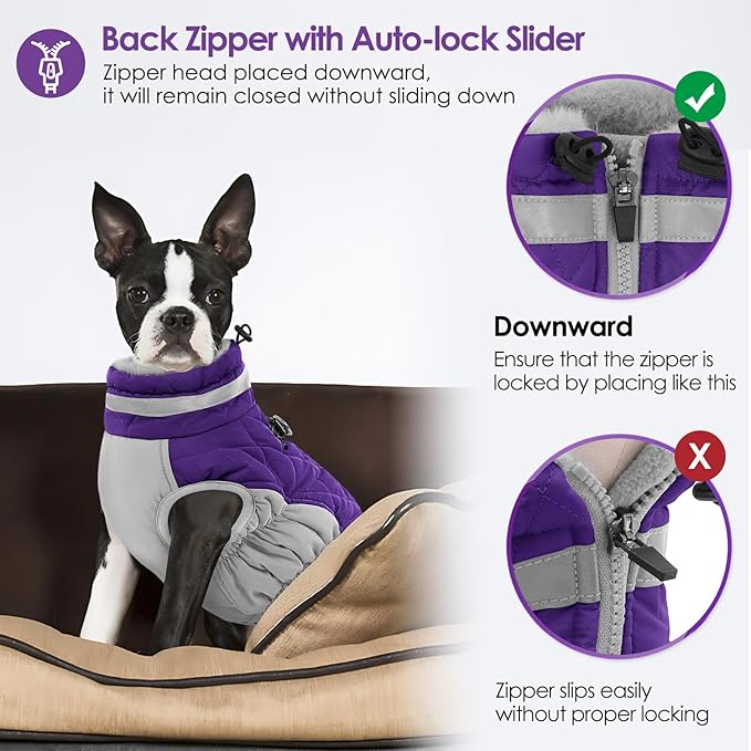 AOFITEE Dog Coat, Warm Dog Winter Coat, Reflective Cold Weather Dogs Puffer Jacket with Harness Built in, Waterproof Pet Fleece Vest Snowsuit for Small Medium Large Dogs, Purple L