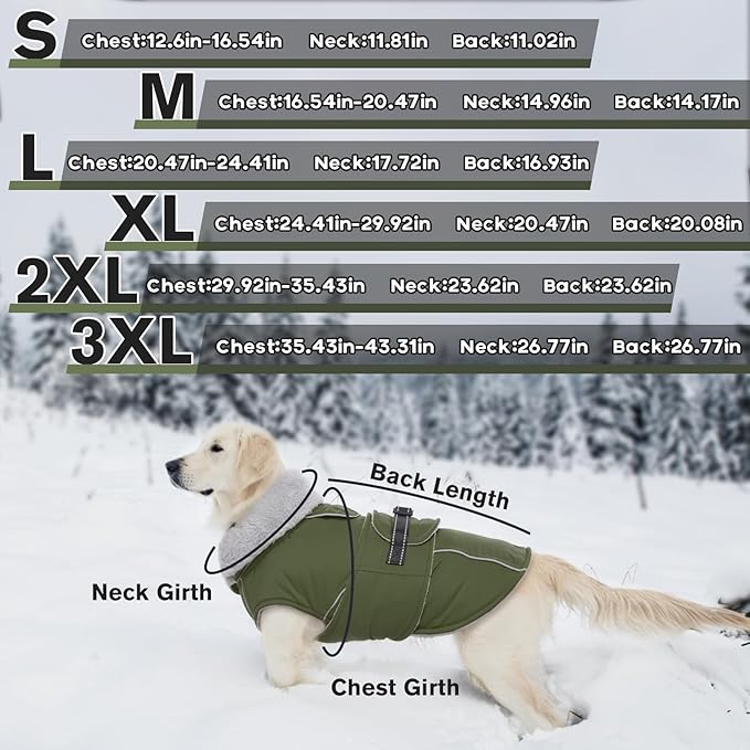 Lelepet Warm Dog Coat Waterproof Dog Jacket for Large Dogs Reflective Fleece Vest with Adjustable Buckle Hook & Loop Windproof Cold Weather Coats for Small Medium Large Dogs, Army Green, L