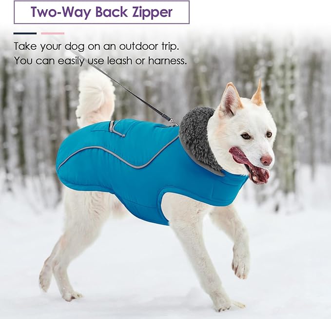 SUNFURA Dog Coat, Large Dog Jacket Reflective Winter Coat for Cold Weather, Windproof Pet Snow Jacket with Pocket, Warm Fleece Sweater Clothes for Large Dogs, Turquoise L