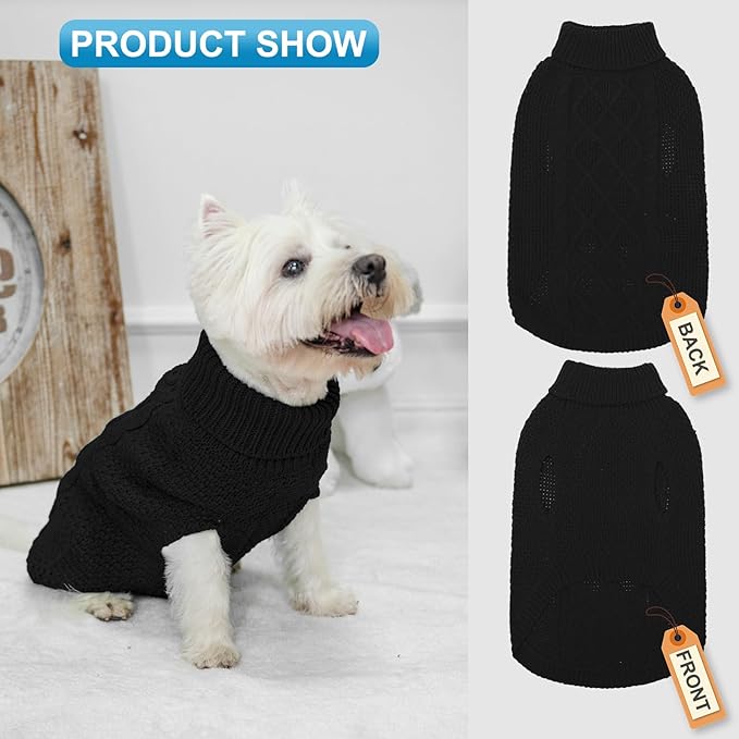 Mihachi Turtleneck Dog Sweater - Winter Coat Apparel Classic Cable Knit Clothes with Leash Hole for Cold Weather, Ideal Gift for Pet in New Year Black Small