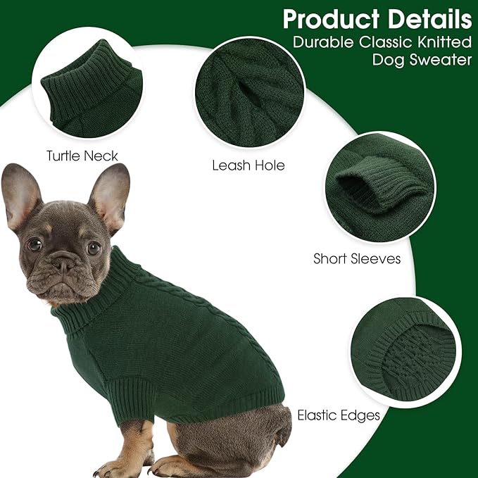 Dog Sweaters for Large Dogs Classic Turtleneck Dog Christmas Sweater Thick Warm Pullover Male Puppy Pet Stretch Knitwear Fall Winter Clothes with Leash Hole(Green, L)