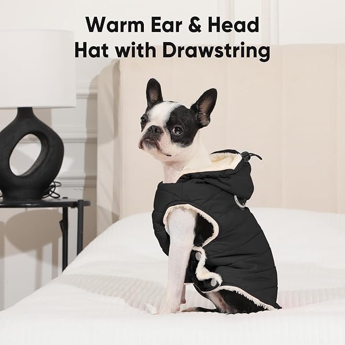 Fleece Lining Dog Hoodie with Harness Built in,Extra Warm Large Dog Jacket in Winter Doggie Coats with Drawstring Hooded,Black XXL