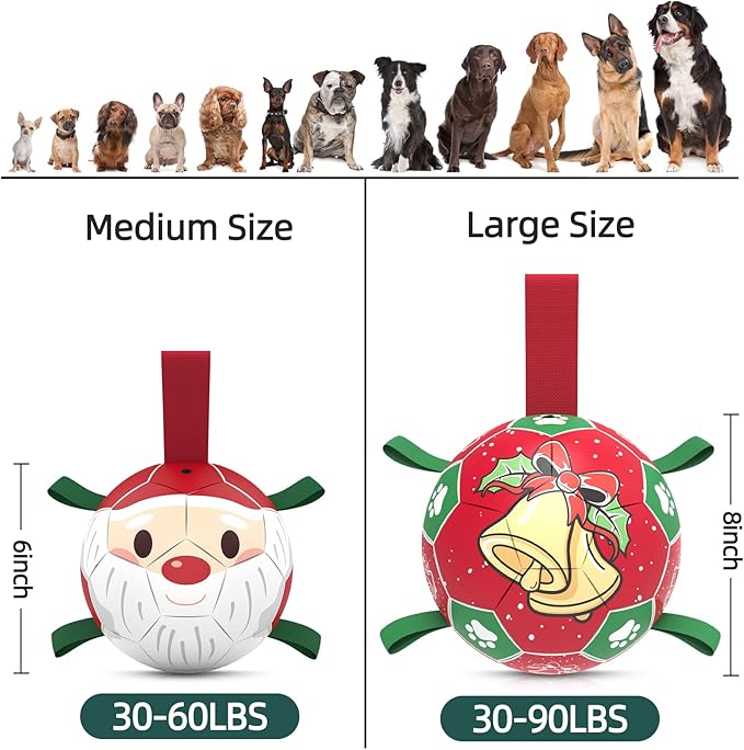 QDAN Christmas Dog Balls with Straps, Soccer Ball for Dogs for Small Medium Breed, Tug Toys for Dog Birthday, 6 Inch Outdoor Dog Toys for Fun
