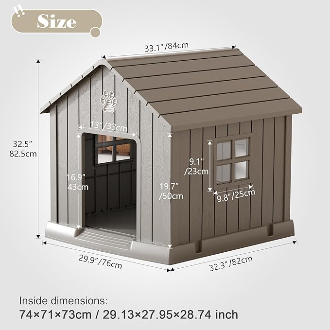 Dog House for Outdoor & Indoor Use with Window, Waterproof Ventilated Kennel with Elevated Floor, Easy to Clean Shelter for Small Medium Dogs (Grey, 29.9" L x 32.3" W x 32.5" H)