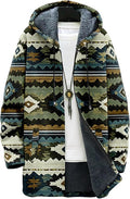 Mens Aztec Print Hoodie Heavyweight Cotton Fleece Jacket Zip Up Warm Long Sleeve Hooded Winter Midi Coat